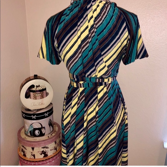 Green and Yellow Striped Wrap Dress - Picture 1 of 4